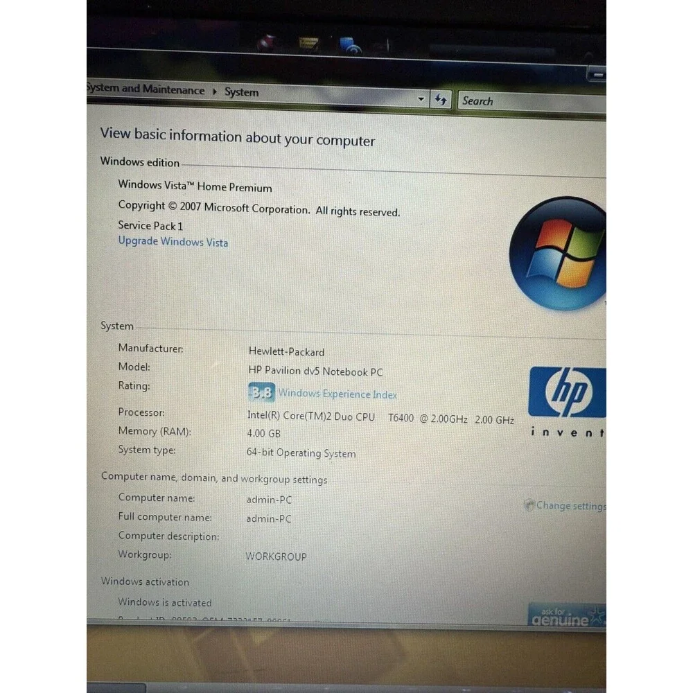 HP Pavilion DV5-1235dx Laptop Intel T6400 @2.0 GHz 4 GB RAM, CHARGER, NO Battery